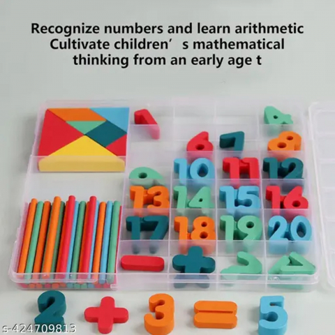 Cutie de invatare pentru copii, cifre, adunare, scadere, betisoare si forme geometrice, din lemn - Multicolor [2]