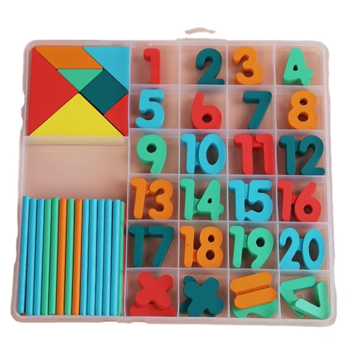 Jucării educative - Cutie de invatare pentru copii, cifre, adunare, scadere, betisoare si forme geometrice, din lemn - Multicolor