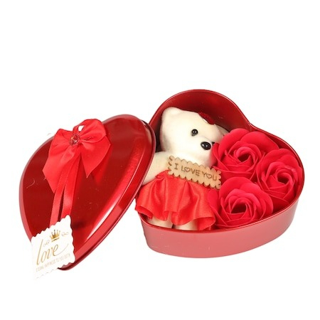 CADOURI - Cutie in forma de inima cu ursulet si trandafir rosu, Valentine's Day, 12 cm