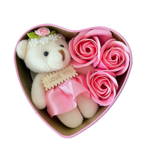 Cadouri simbolice - Cutie in forma de inima cu ursulet si trandafir roz, Valentine's Day, 12 cm