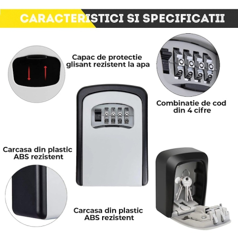 Cutie securizata pentru chei cu cifru, montare pe perete, metal rezistent, capac protectie glisant, pentru locuinta, birou si spatii comerciale [7]