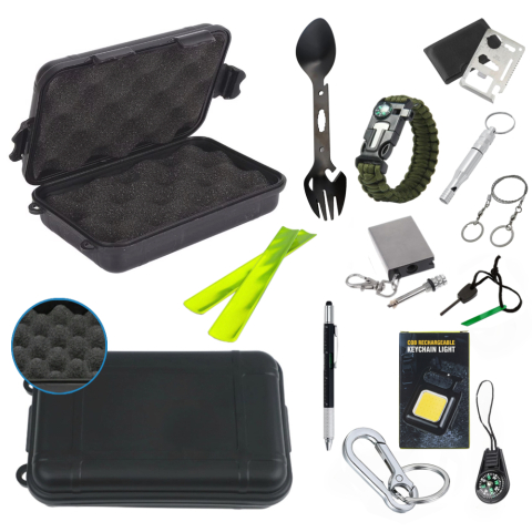 SPORT ȘI ACTIVITĂȚI - Cutie supravietuire outdoor Marime M 14 accesorii multifunctionale IP54 negru cutie etansa rezistenta camping urgente