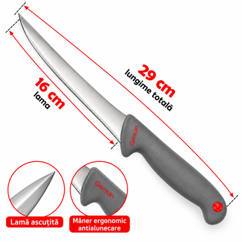 Cutit de macelarie gri, lama curbata 16 cm, lungime totala 29 cm [1]