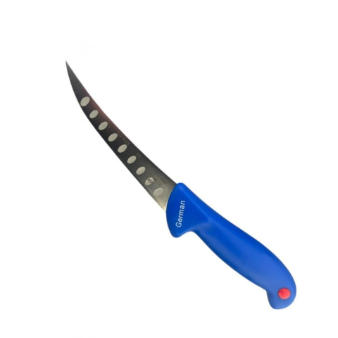 CASA & GRADINA - Cutit macelar albastru 26,5 cm, lama curbata 12,5 cm cu decupaje, 89 g, otel inoxidabil, maner ergonomic, pentru transare, portionare si fasonare carne