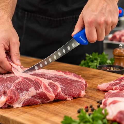 Cutit macelar albastru 26,5 cm, lama curbata 12,5 cm cu decupaje, 89 g, otel inoxidabil, maner ergonomic, pentru transare, portionare si fasonare carne [1]