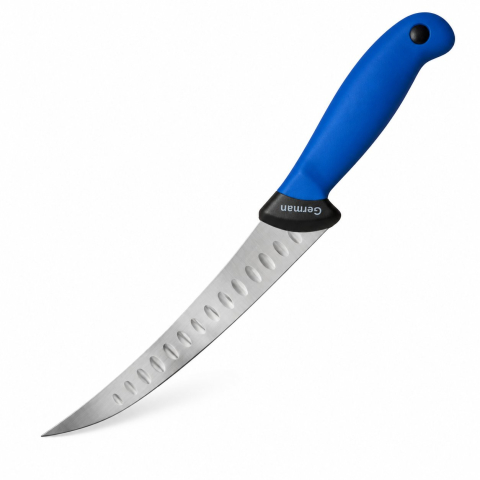 Cutite si tacamuri - Cutit macelar albastru 33 cm, lama 21 cm curbata cu alveole, 125 g, otel inoxidabil, maner ergonomic, pentru transare si fasonare carne