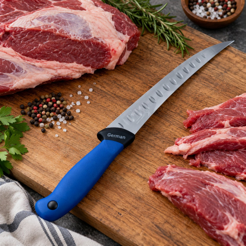 Cutit macelar albastru 33 cm, lama 21 cm curbata cu alveole, 125 g, otel inoxidabil, maner ergonomic, pentru transare si fasonare carne [1]