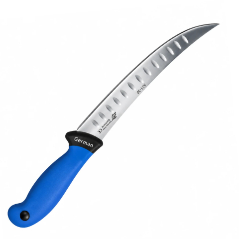 CASA & GRADINA - Cutit macelar albastru 38 cm, lama 24 cm curbata cu alveole, 147 g, otel inoxidabil, maner ergonomic, pentru fasonare si portionare carne