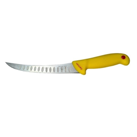 Cutit macelar galben 33 cm, lama 21 cm curbata cu alveole, 115 g, otel inoxidabil, maner ergonomic, pentru fasonare si portionare carne [1]