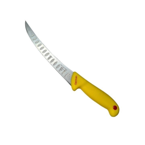 Cutite si tacamuri - Cutit macelar galben 33 cm, lama 21 cm curbata cu alveole, 115 g, otel inoxidabil, maner ergonomic, pentru fasonare si portionare carne