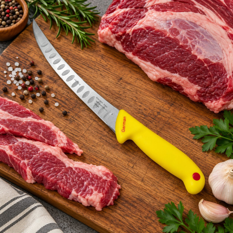 Cutit macelar galben 33 cm, lama 21 cm curbata cu alveole, 115 g, otel inoxidabil, maner ergonomic, pentru fasonare si portionare carne [2]