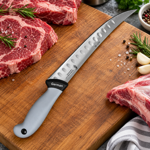 Cutit macelar gri 33 cm, lama 19 cm curbata cu alveole, 122 g, otel inoxidabil, maner ergonomic cu protectie, pentru fasonare carne [3]