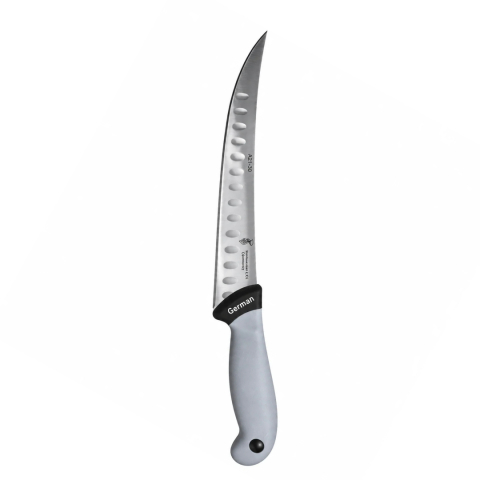 CASA & GRADINA - Cutit macelar gri 33 cm, lama 19 cm curbata cu alveole, 122 g, otel inoxidabil, maner ergonomic cu protectie, pentru fasonare carne