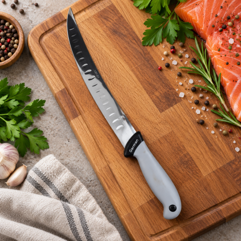 Cutit macelar gri 38 cm, lama curbata 24 cm cu alveole, 147 g, otel inoxidabil, maner ergonomic, pentru portionare si fasonare carne [2]