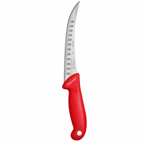Cutit macelar rosu 30 cm, lama curbata 18 cm cu alveole, 119 g, otel inoxidabil, maner ergonomic, pentru fasonare si portionare carne [3]