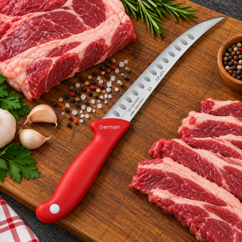 Cutit macelar rosu 30 cm, lama curbata 18 cm cu alveole, 119 g, otel inoxidabil, maner ergonomic, pentru fasonare si portionare carne [1]