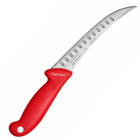 Cutit macelar rosu 30 cm, lama curbata 18 cm cu alveole, 119 g, otel inoxidabil, maner ergonomic, pentru fasonare si portionare carne [2]