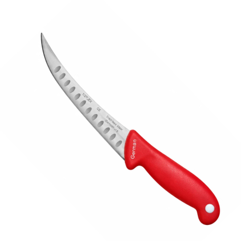 Cutite si tacamuri - Cutit macelar rosu 30 cm, lama curbata 18 cm cu alveole, 119 g, otel inoxidabil, maner ergonomic, pentru fasonare si portionare carne