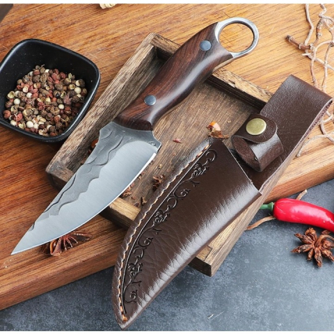 Cutit multifunctional, vanatoare, gatit, supravietuire, camping, otel inoxidabil/lemn, 22 cm, teaca inclusa [5]