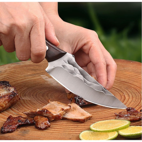 Cutit multifunctional, vanatoare, gatit, supravietuire, camping, otel inoxidabil/lemn, 22 cm, teaca inclusa [6]