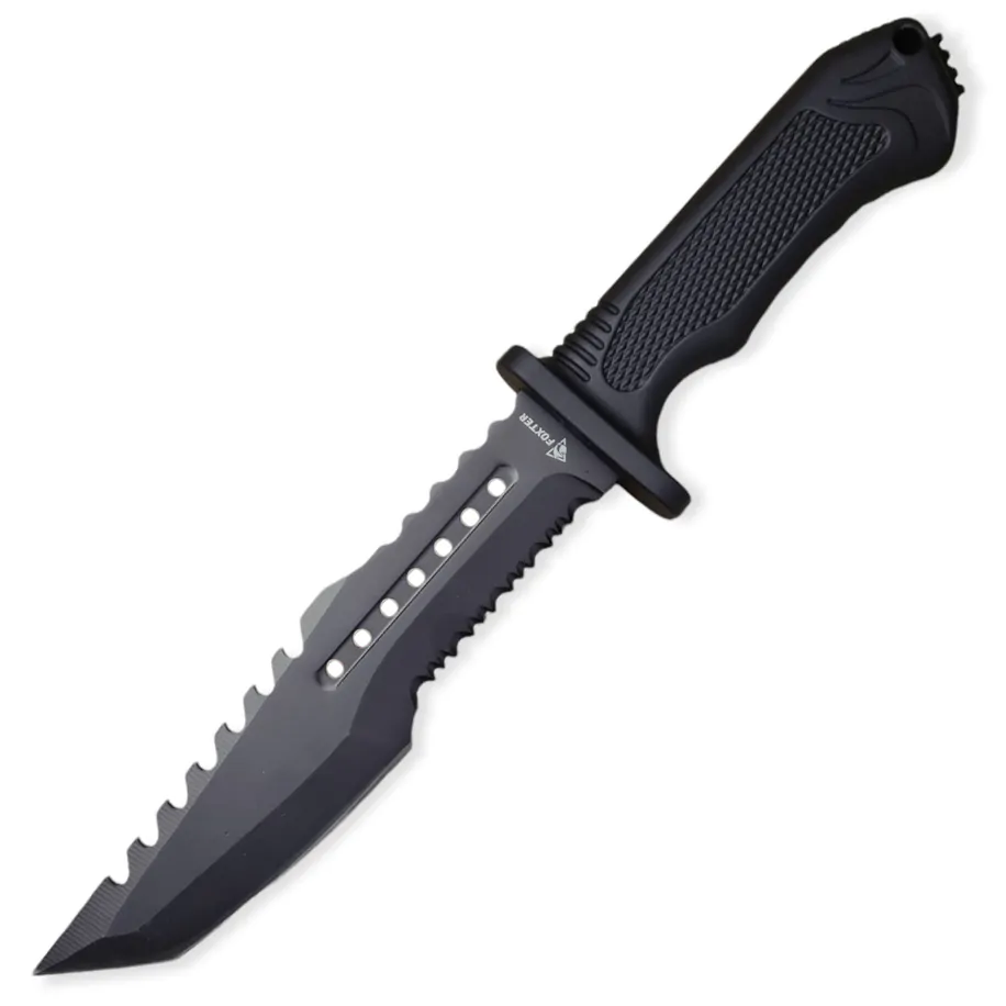 SPORT ȘI ACTIVITĂȚI - Cutit negru 31 cm cu lama fixa din otel inoxidabil 18 cm, lama zimtata 3,6 mm,