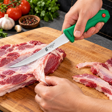 Cutit pentru dezosat verde 26,5 cm, lama curbata 13,5 cm, 85 g, otel inoxidabil, maner ergonomic, pentru transare si fasonare carne [1]