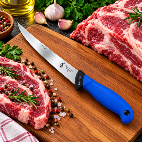 Cutit pentru filetat albastru 33 cm, lama curbata flexibila 19 cm, 120 g, otel inoxidabil, maner cu protectie, pentru carne si transare [1]