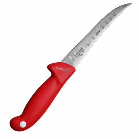 CASA & GRADINA - Cutit pentru filetat rosu 29 cm, lama curbata 15 cm cu alveole, 1-2 mm, otel inoxidabil, maner cu protectie, pentru carne si peste