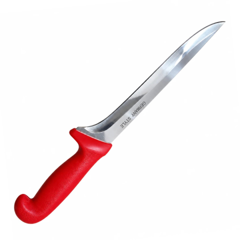CASA & GRADINA - Cutit pentru injunghiere rosu 36 cm, lama curbata 21 cm, 190 g, otel inoxidabil, maner cu garda, pentru sacrificare si transare carne