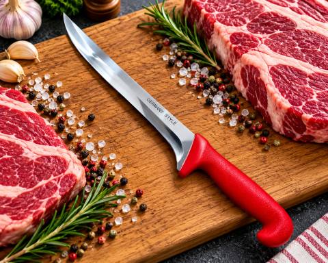 Cutit pentru injunghiere rosu 36 cm, lama curbata 21 cm, 190 g, otel inoxidabil, maner cu garda, pentru sacrificare si transare carne [1]