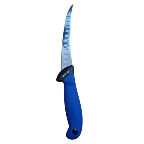 CASA & GRADINA - Cutit pentru transare albastru 28,5 cm, lama curbata 14 cm cu 11 alveole, 102 g, otel inoxidabil, pentru carne, peste si dezosare usoara