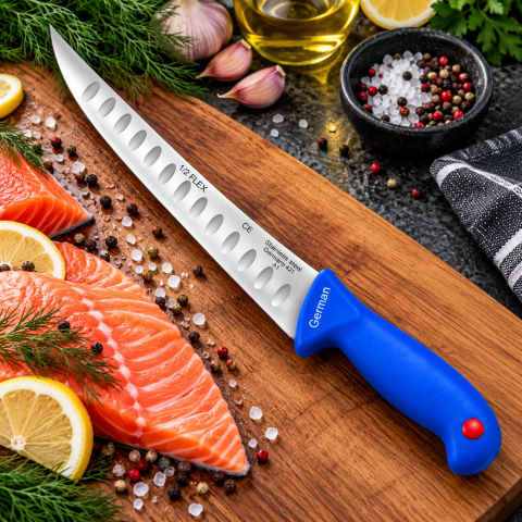 Cutit pentru transare albastru 33 cm, lama flexibila 21 cm cu alveole, 115 g, otel inoxidabil, maner ergonomic, pentru filetat carne si peste [1]