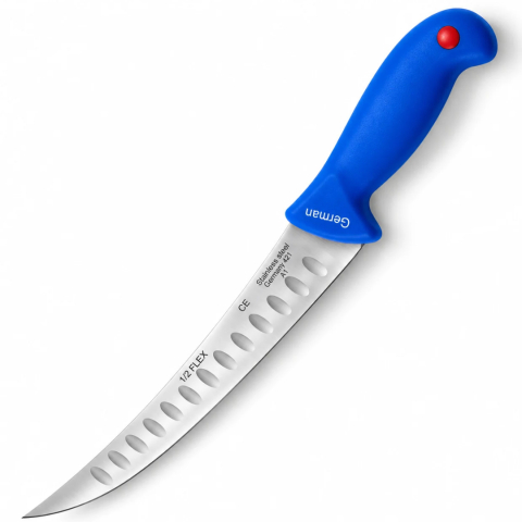 Cutite si tacamuri - Cutit pentru transare albastru 33 cm, lama flexibila 21 cm cu alveole, 115 g, otel inoxidabil, maner ergonomic, pentru filetat carne si peste