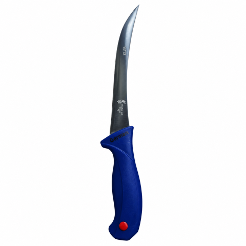Cutit pentru transare albastru indigo 30 cm, lama curbata 16,5 cm, grosime 2 mm, 97 g, otel inoxidabil, pentru filetare si fasonare [1]