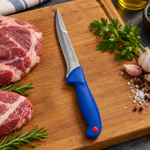 Cutit pentru transare albastru, lama curbata 13,5 cm din otel inoxidabil, maner ergonomic, pentru fasonare, curatare si portionare carne [1]