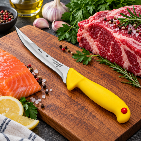 Cutit pentru transare galben 27,5 cm, lama curbata flexibila 13,5 cm, 115 g, otel inoxidabil, maner ergonomic cu protectie, pentru carne si peste [2]