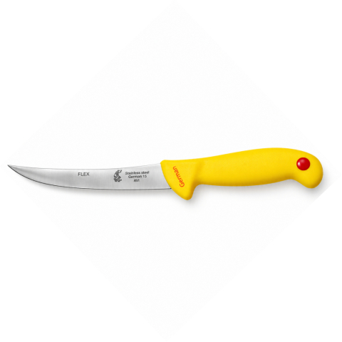 Cutit pentru transare galben 28,5 cm, lama flexibila curbata 14,5 cm, 96 g, otel inoxidabil, maner cu protectie, pentru carne si peste [2]