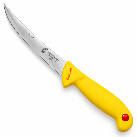 Cutit pentru transare galben 28,5 cm, lama flexibila curbata 14,5 cm, 96 g, otel inoxidabil, maner cu protectie, pentru carne si peste [1]