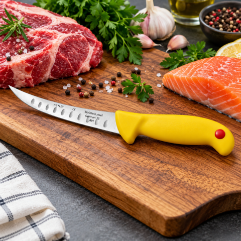 Cutit pentru transare galben 29 cm, lama curbata 15 cm cu alveole, 89 g, otel inoxidabil, maner ergonomic cu protectie, pentru carne si peste [1]