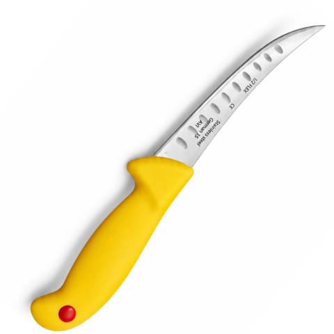 CASA & GRADINA - Cutit pentru transare galben 29 cm, lama curbata 15 cm cu alveole, 89 g, otel inoxidabil, maner ergonomic cu protectie, pentru carne si peste