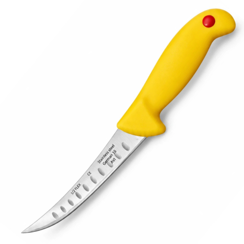 Cutit pentru transare galben 29 cm, lama curbata 15 cm cu alveole, 89 g, otel inoxidabil, maner ergonomic cu protectie, pentru carne si peste [2]