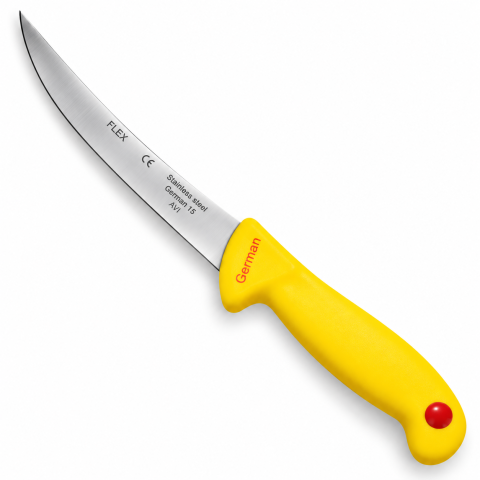 Cutit pentru transare galben 29 cm, lama flexibila curbata 15 cm, 90 g, otel inoxidabil, maner cu protectie, pentru carne si peste [3]