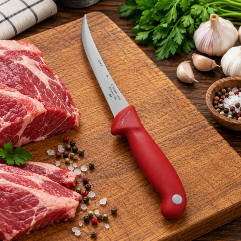 Cutit pentru transare rosu 29 cm, lama curbata 15 cm, grosime 1-2 mm, otel inoxidabil, maner ergonomic cu protectie, pentru carne si peste [3]