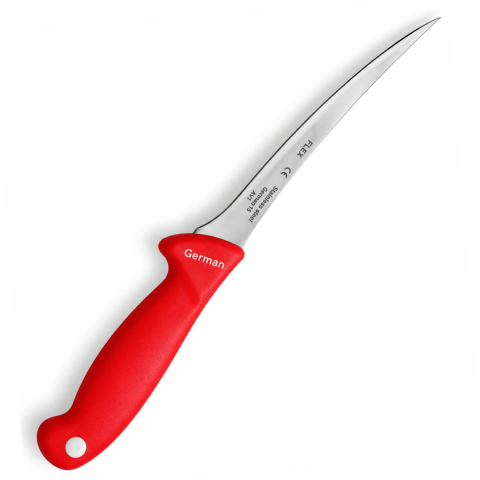 Cutit pentru transare rosu 31 cm, lama flexibila curbata 17 cm, 80 g, otel inoxidabil, maner ergonomic cu protectie, pentru peste si carne [1]