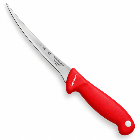 CASA & GRADINA - Cutit pentru transare rosu 31 cm, lama flexibila curbata 17 cm, 80 g, otel inoxidabil, maner ergonomic cu protectie, pentru peste si carne