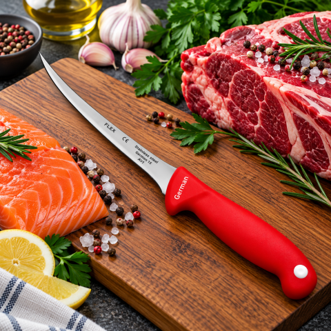 Cutit pentru transare rosu 31 cm, lama flexibila curbata 17 cm, 80 g, otel inoxidabil, maner ergonomic cu protectie, pentru peste si carne [2]