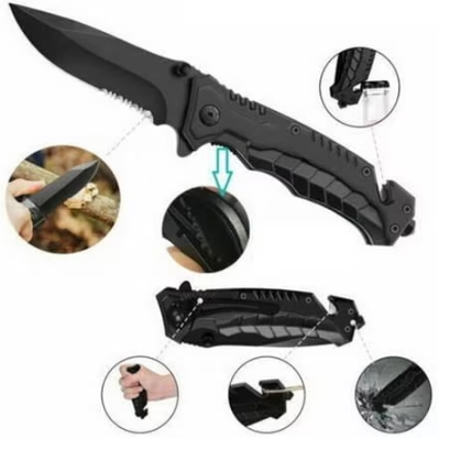 Cutit pliabil de urgenta cu spargator geam si taietor centura, metalic, negru, 20.5 cm, sistem siguranta [3]