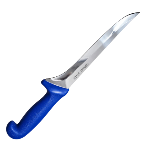 CASA & GRADINA - Cutit profesional albastru 36 cm, lama curbata 21 cm, 190 g, otel inoxidabil, maner ergonomic cu garda, pentru spintecare si procesare carne
