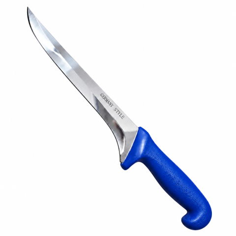 Cutit profesional albastru 36 cm, lama curbata 21 cm, 190 g, otel inoxidabil, maner ergonomic cu garda, pentru spintecare si procesare carne [2]