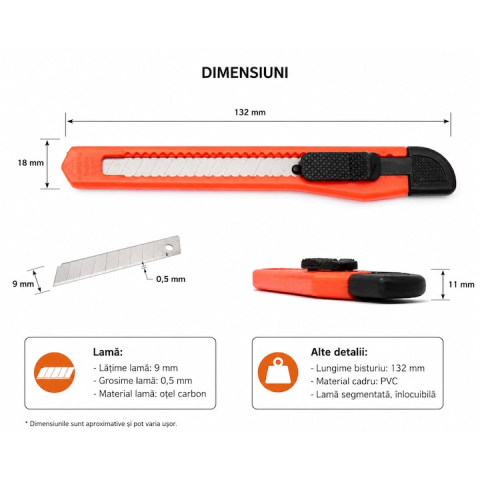Cutter utilitar 9 mm compact, lama segmentata din otel carbon, sistem blocare siguranta, pentru taiere precisa carton si folie [5]